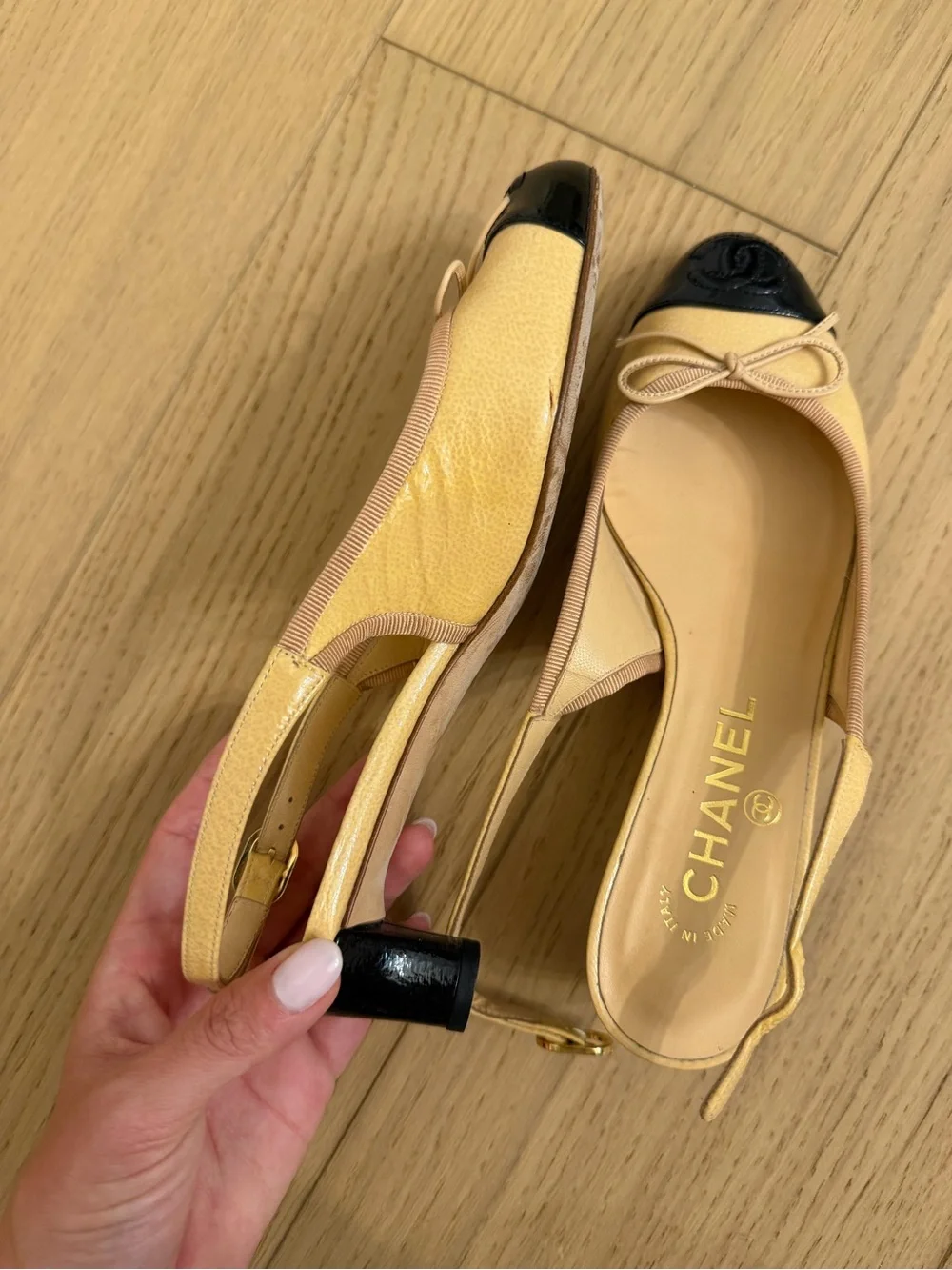 Chanel Two-Tone Beige and Black Logo Little Heel
